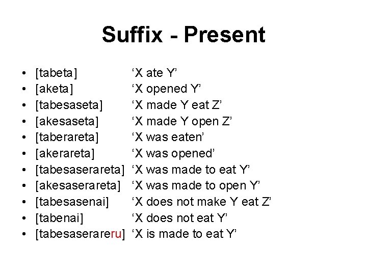 Suffix - Present • • • [tabeta] [aketa] [tabesaseta] [akesaseta] [taberareta] [akerareta] [tabesaserareta] [akesaserareta]