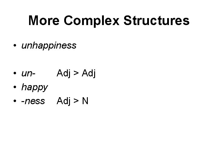 More Complex Structures • unhappiness • un. Adj > Adj • happy • -ness