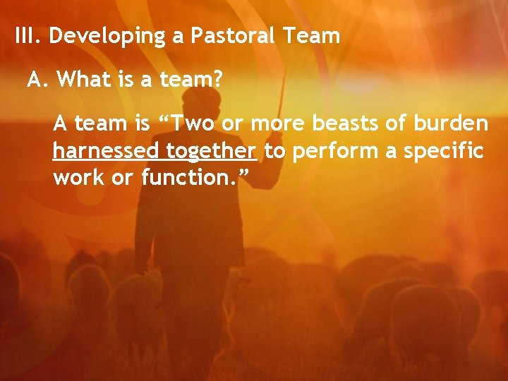 III. Developing a Pastoral Team A. What is a team? A team is “Two