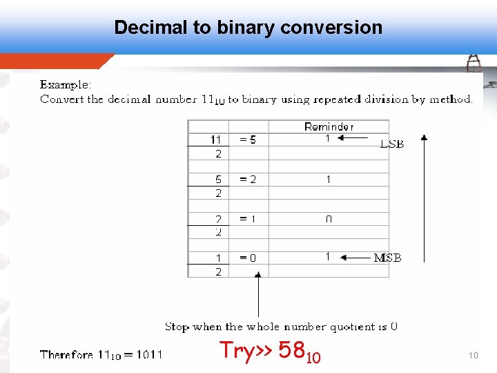 Decimal to binary conversion Try>> 5810 10 