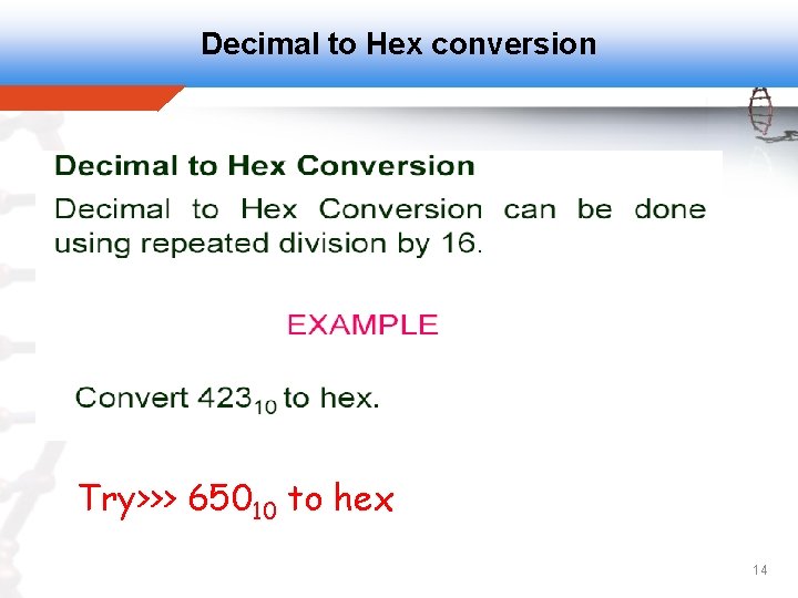 Decimal to Hex conversion Try>>> 65010 to hex 14 