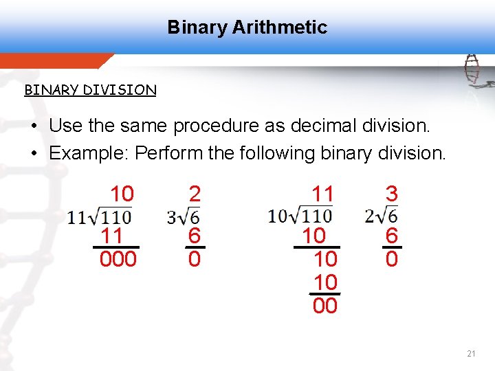Binary Arithmetic BINARY DIVISION • Use the same procedure as decimal division. • Example: