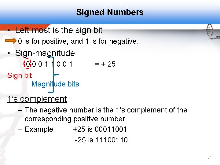 Signed Numbers • Left most is the sign bit 0 is for positive, and