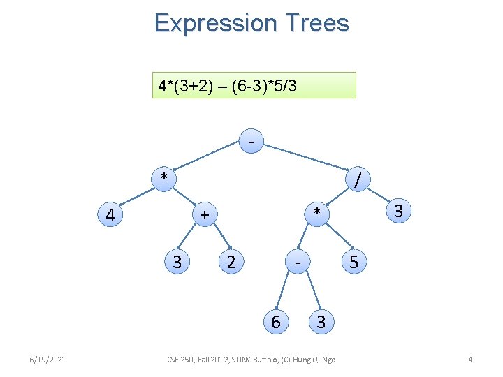 Expression Trees 4*(3+2) – (6 -3)*5/3 * / + 4 3 2 6 6/19/2021