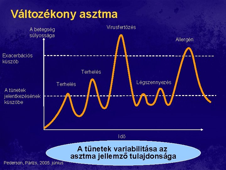 Változékony asztma Vírusfertőzés A betegség súlyossága Allergén Exacerbációs küszöb Terhelés Légszennyezés Terhelés A tünetek Változékony asztma Vírusfertőzés A betegség súlyossága Allergén Exacerbációs küszöb Terhelés Légszennyezés Terhelés A tünetek