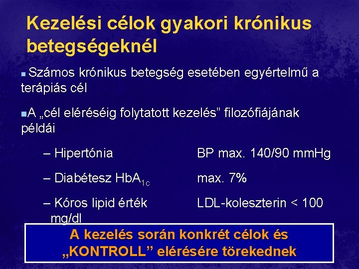 Kezelési célok gyakori krónikus betegségeknél Számos krónikus betegség esetében egyértelmű a terápiás cél n Kezelési célok gyakori krónikus betegségeknél Számos krónikus betegség esetében egyértelmű a terápiás cél n