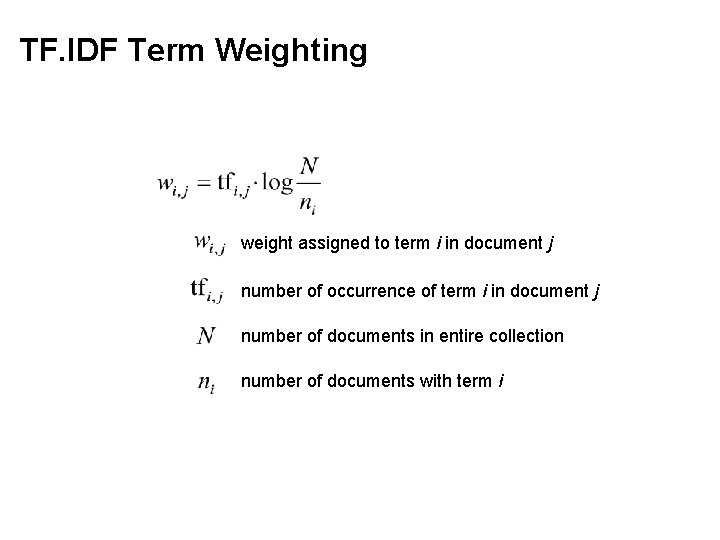 TF. IDF Term Weighting weight assigned to term i in document j number of