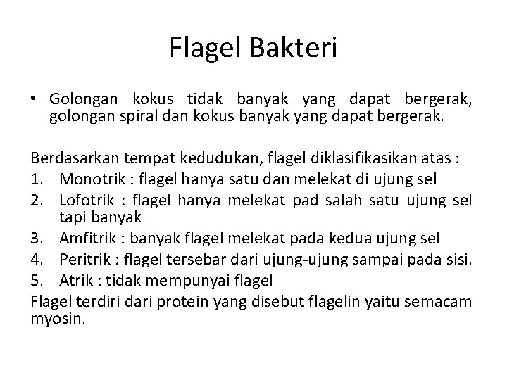 Flagel Bakteri • Golongan kokus tidak banyak yang dapat bergerak, golongan spiral dan kokus