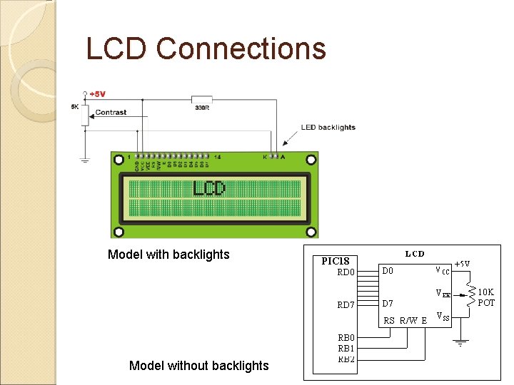 LCD Connections Model with backlights Model without backlights 