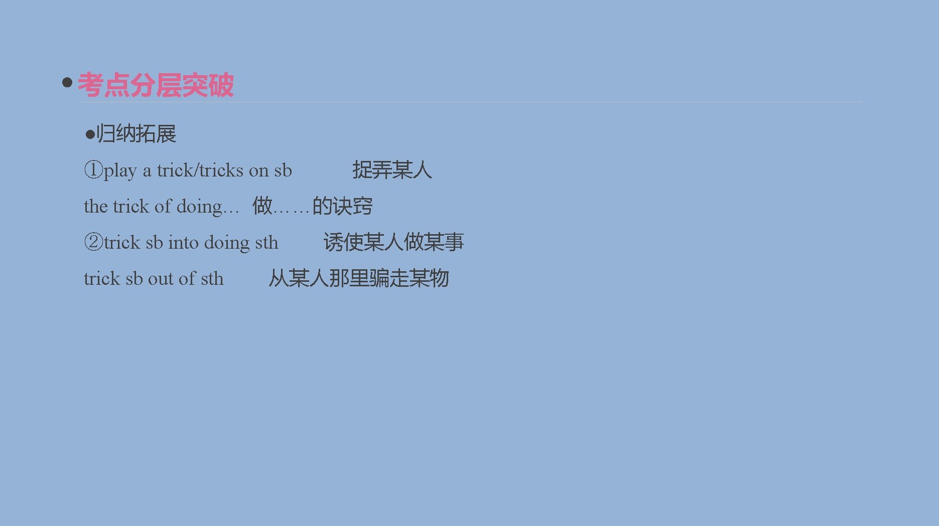 考点分层突破 ●归纳拓展 ①play a trick/tricks on sb 捉弄某人 the trick of doing… 做……的诀窍 ②trick