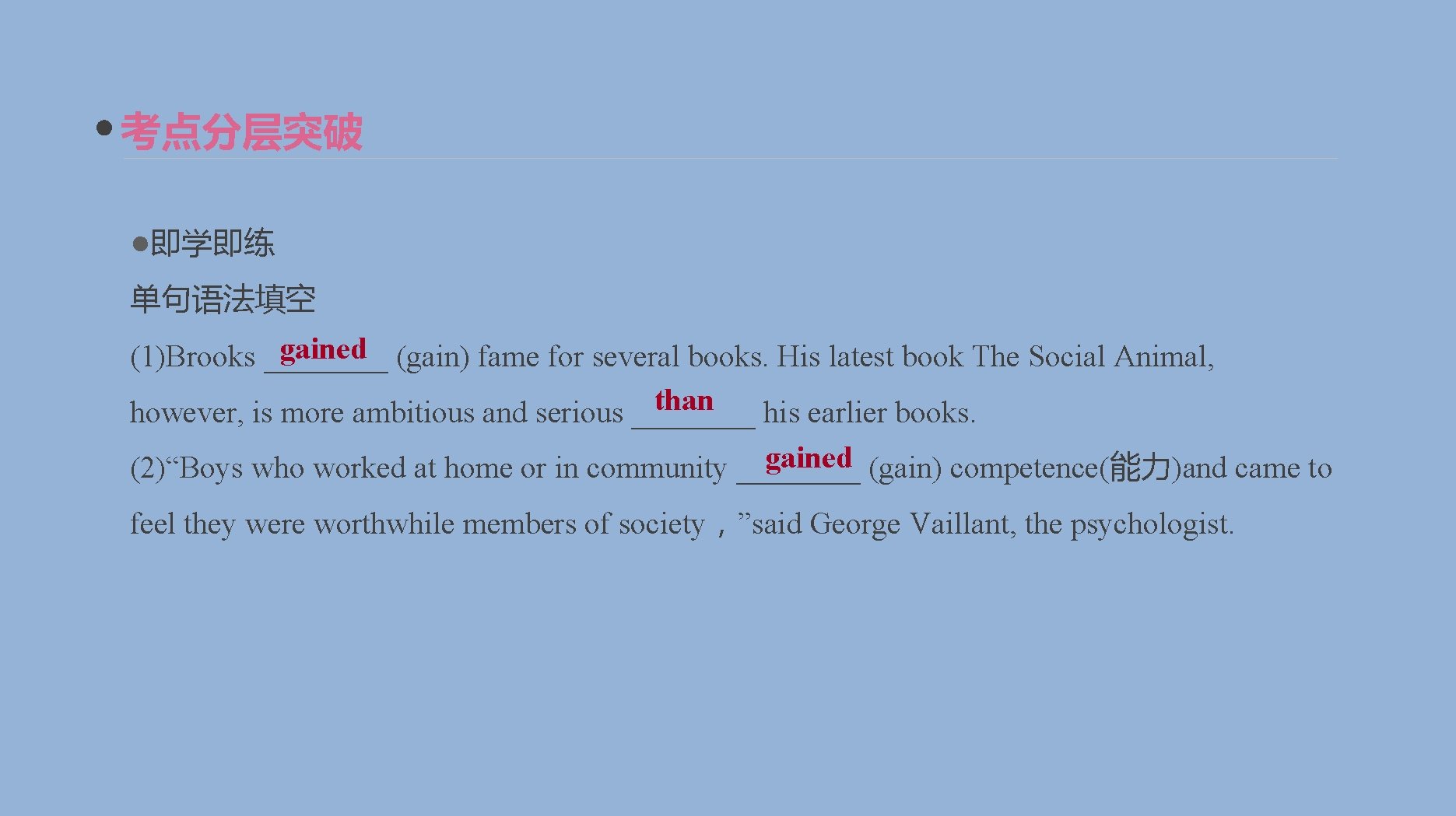 考点分层突破 ●即学即练 单句语法填空 gained (gain) fame for several books. His latest book The Social