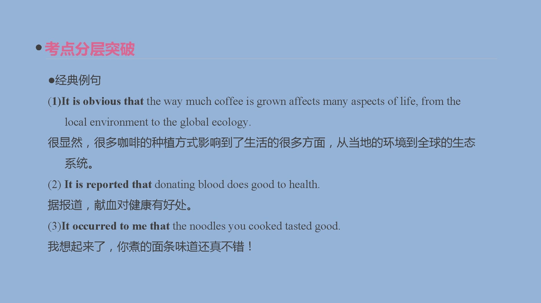 考点分层突破 ●经典例句 (1)It is obvious that the way much coffee is grown affects many