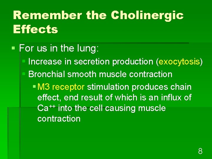 Remember the Cholinergic Effects § For us in the lung: § Increase in secretion