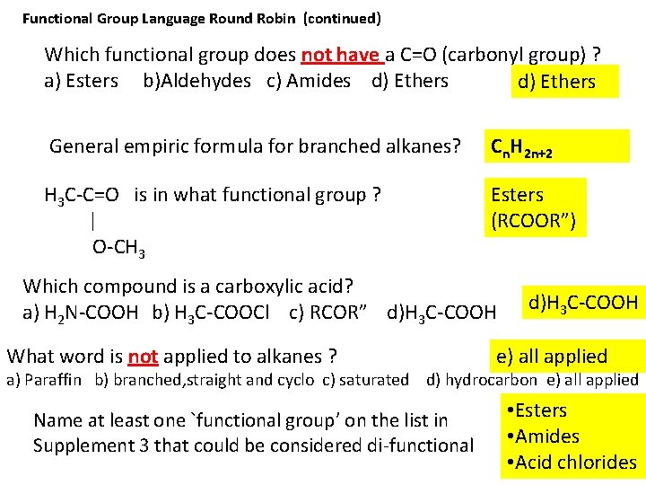 Functional Group Language Round Robin (continued) Which functional group does not have a C=O