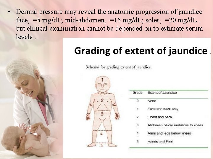  • Dermal pressure may reveal the anatomic progression of jaundice face, =5 mg/d.