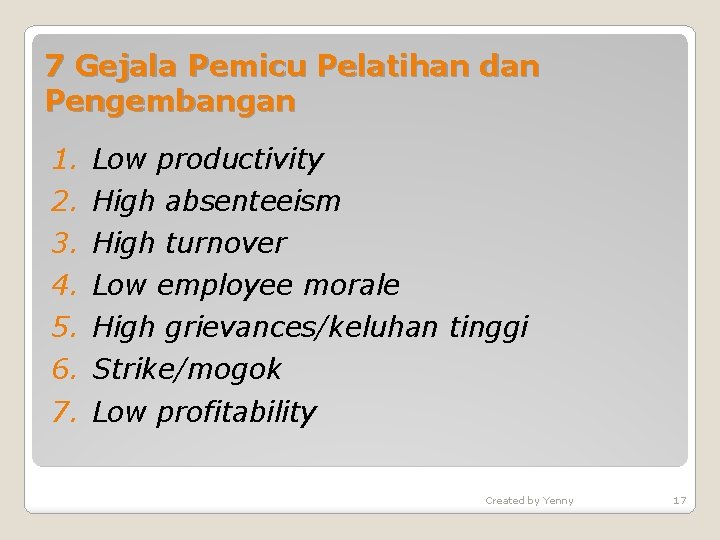 7 Gejala Pemicu Pelatihan dan Pengembangan 1. 2. 3. 4. 5. 6. 7. Low