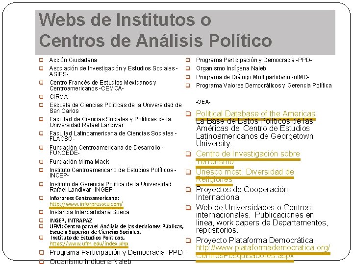 Webs de Institutos o Centros de Análisis Político q q q q Acción Ciudadana