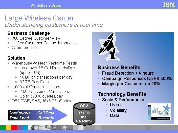 IBM Software Group Large Wireless Carrier Understanding customers in real time Business Challenge §