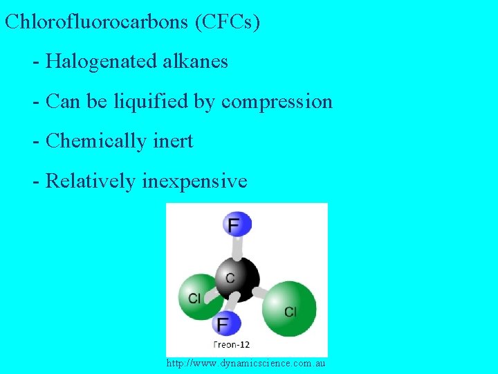 Chlorofluorocarbons (CFCs) - Halogenated alkanes - Can be liquified by compression - Chemically inert