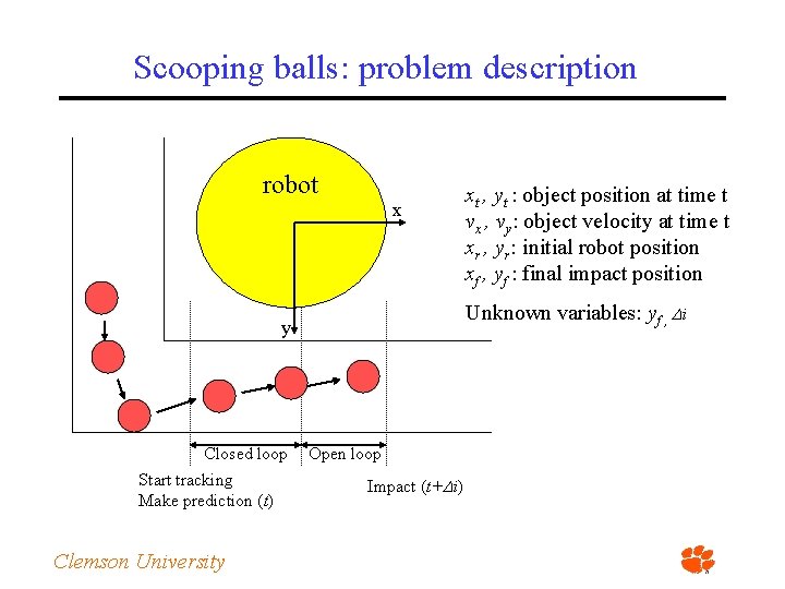 Scooping balls: problem description robot x Unknown variables: yf , i y Closed loop