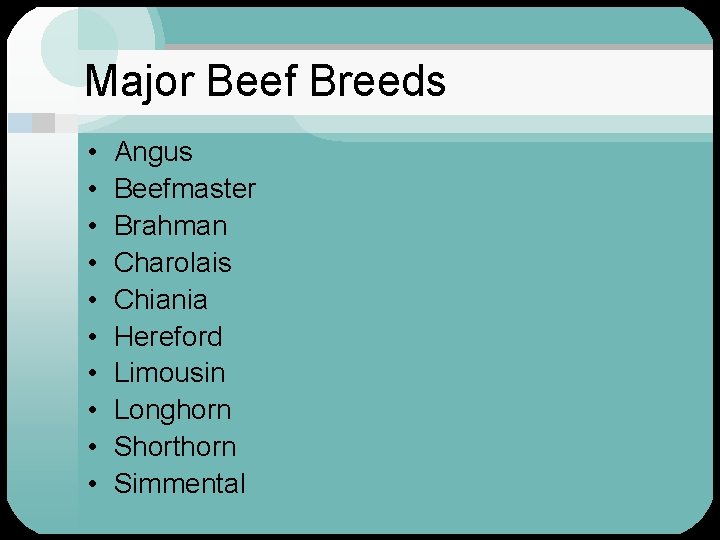 Major Beef Breeds • • • Angus Beefmaster Brahman Charolais Chiania Hereford Limousin Longhorn