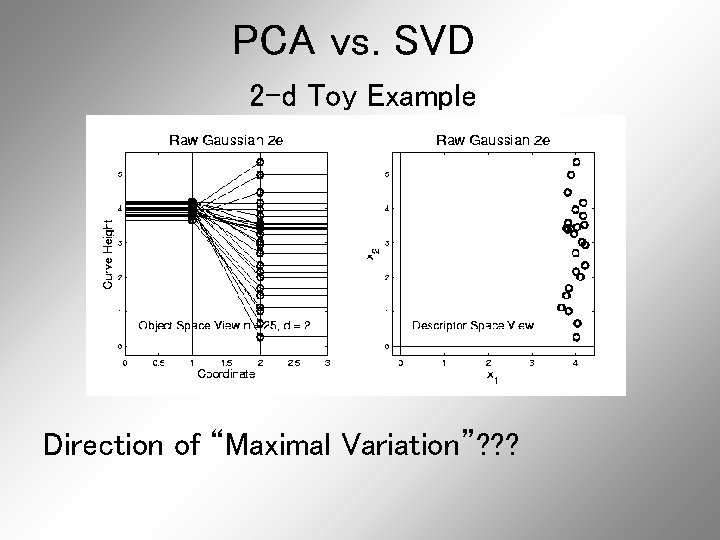 PCA vs. SVD 2 -d Toy Example Direction of “Maximal Variation”? ? ? PCA vs. SVD 2 -d Toy Example Direction of “Maximal Variation”? ? ?