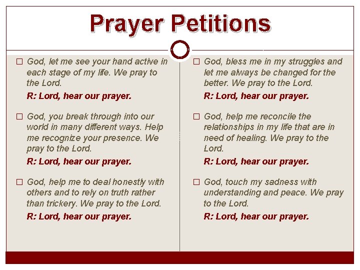 Prayer Petitions � God, let me see your hand active in � God, bless