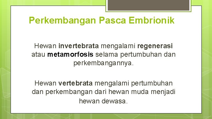 Perkembangan Pasca Embrionik Hewan invertebrata mengalami regenerasi atau metamorfosis selama pertumbuhan dan perkembangannya. Hewan