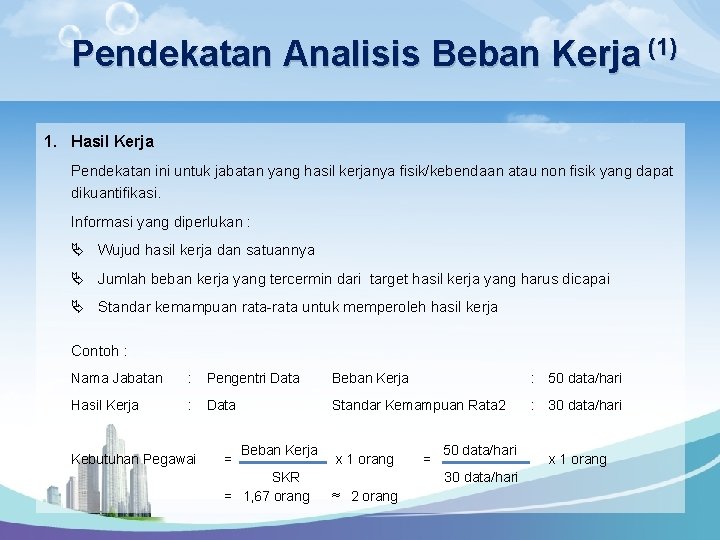 Pendekatan Analisis Beban Kerja (1) 1. Hasil Kerja Pendekatan ini untuk jabatan yang hasil