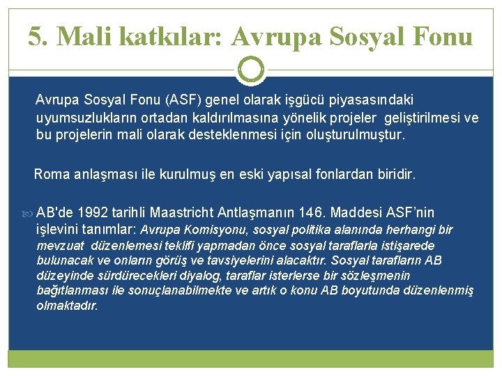 5. Mali katkılar: Avrupa Sosyal Fonu (ASF) genel olarak işgücü piyasasındaki uyumsuzlukların ortadan kaldırılmasına