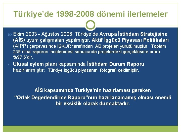 Türkiye’de 1998 -2008 dönemi ilerlemeler Ekim 2003 - Ağustos 2006: Türkiye’de Avrupa İstihdam Stratejisine