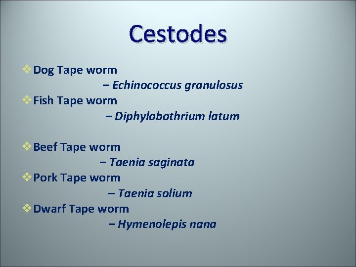 Cestodes v. Dog Tape worm – Echinococcus granulosus v. Fish Tape worm – Diphylobothrium