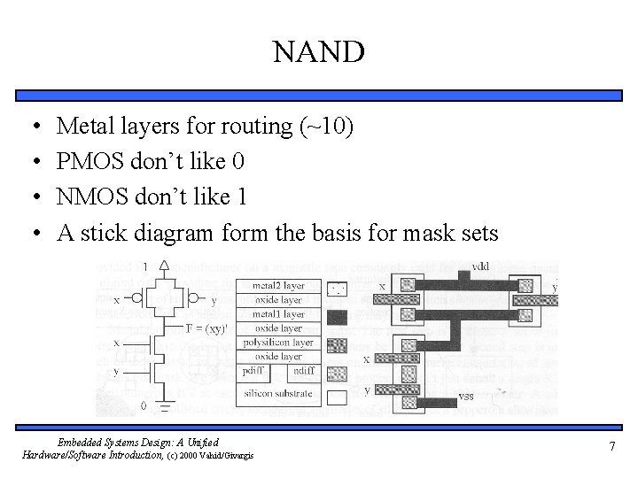 NAND • • Metal layers for routing (~10) PMOS don’t like 0 NMOS don’t