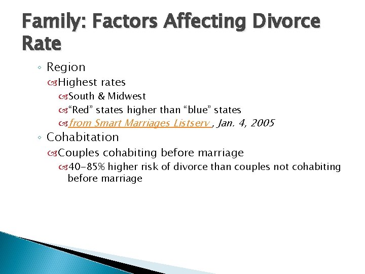 Family: Factors Affecting Divorce Rate ◦ Region Highest rates South & Midwest “Red” states