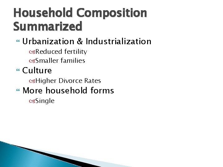 Household Composition Summarized Urbanization & Industrialization Reduced fertility Smaller families Culture Higher Divorce Rates
