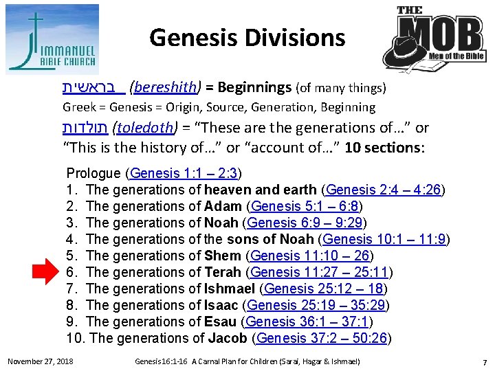 Genesis Divisions ( בראשית bereshith) = Beginnings (of many things) Greek = Genesis =