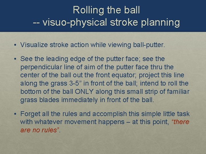 Rolling the ball -- visuo-physical stroke planning • Visualize stroke action while viewing ball-putter.