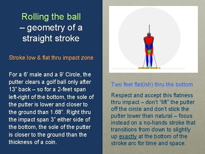 Rolling the ball – geometry of a straight stroke Stroke low & flat thru