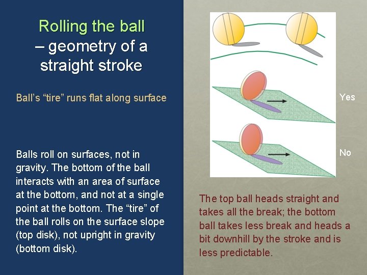 Rolling the ball – geometry of a straight stroke Ball’s “tire” runs flat along