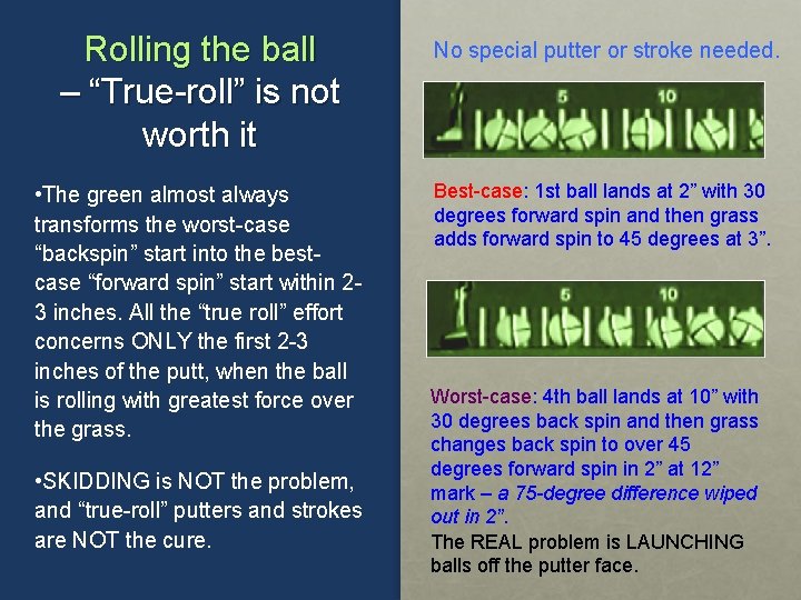 Rolling the ball – “True-roll” is not worth it No special putter or stroke