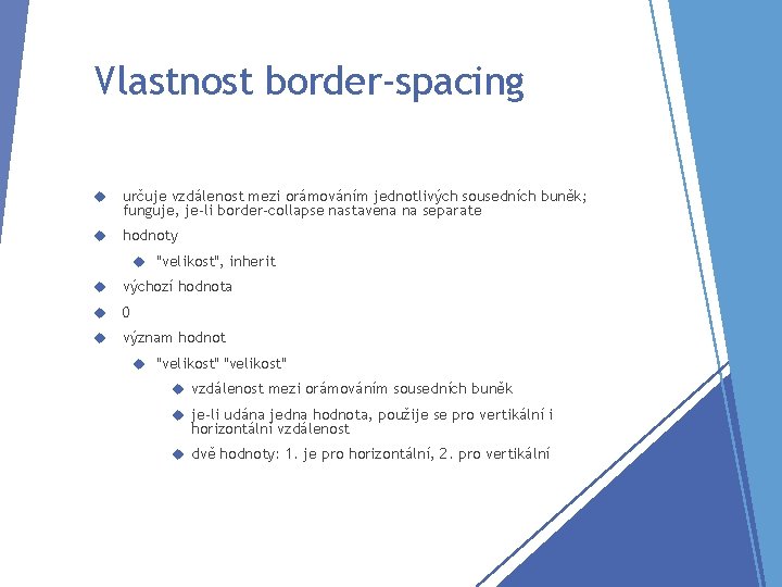 Vlastnost border-spacing určuje vzdálenost mezi orámováním jednotlivých sousedních buněk; funguje, je-li border-collapse nastavena na