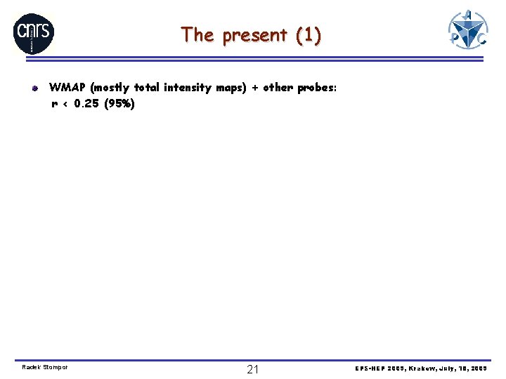 The present (1) WMAP (mostly total intensity maps) + other probes: r < 0.