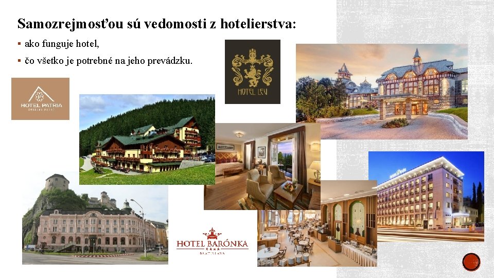 Samozrejmosťou sú vedomosti z hotelierstva: § ako funguje hotel, § čo všetko je potrebné