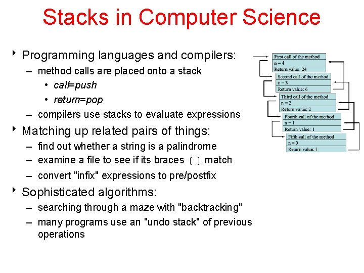 Stacks in Computer Science 8 Programming languages and compilers: – method calls are placed