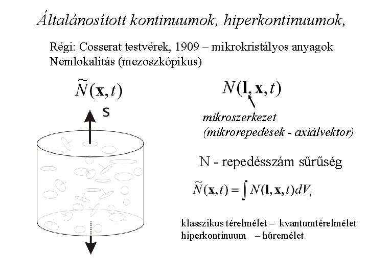 Általánosított kontinuumok, hiperkontinuumok, Régi: Cosserat testvérek, 1909 – mikrokristályos anyagok Nemlokalitás (mezoszkópikus) mikroszerkezet (mikrorepedések