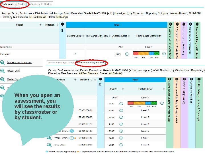 When you open an assessment, you will see the results by class/roster or by