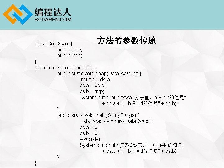 方法的参数传递 class Data. Swap{ public int a; public int b; } public class Test.