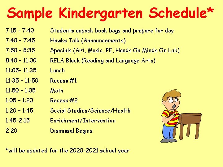 Sample Kindergarten Schedule* 7: 15 - 7: 40 Students unpack book bags and prepare