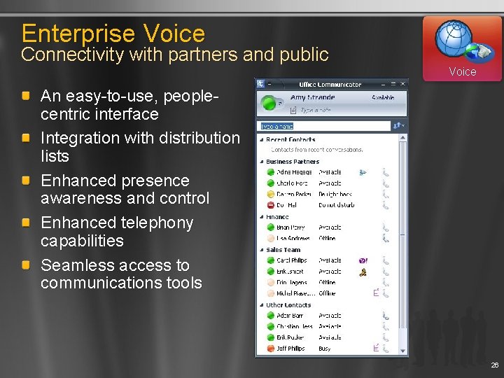 Enterprise Voice Connectivity with partners and public Voice An easy-to-use, peoplecentric interface Integration with