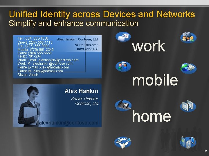 Unified Identity across Devices and Networks Simplify and enhance communication Tel: (207) 555 -1000